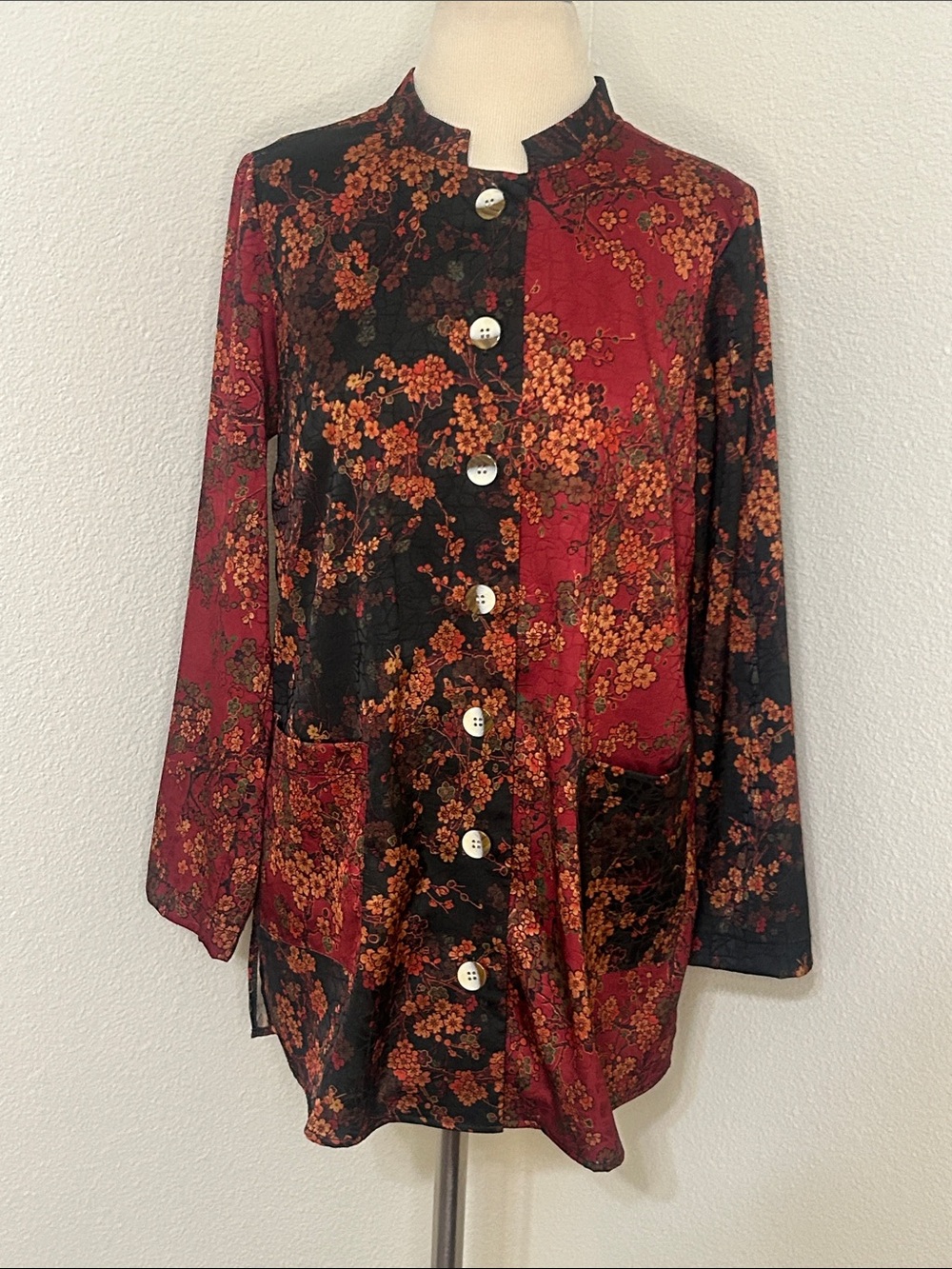 Soft Surroundings Red Floral Button Front Jacket Mandarin Collar S Small